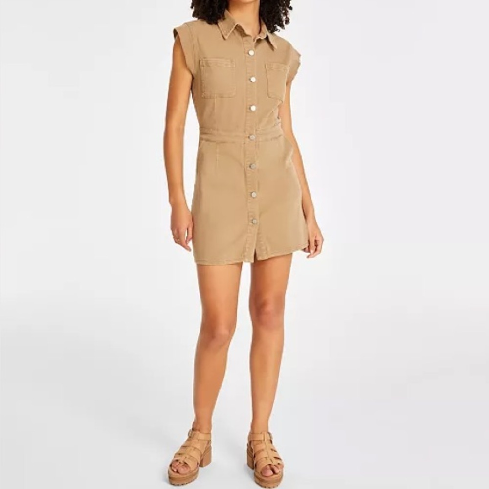 Tinsel Juniors' Point Collar Cap Sleeve Mini Shirtdress Camel Sz S